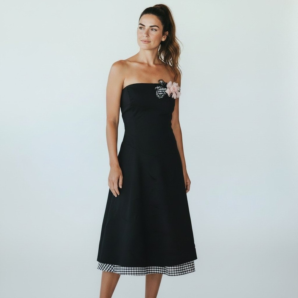 Black Strapless Dress pink Floral Fit & Flare Whimsigoth y2k vtg inspired dress